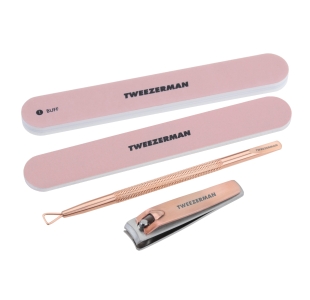 Pink Nail Buffer, Nail File and Rose Gold Dual Ended Pushy Polish Remover and Nail Clipper