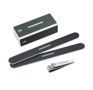 Black buffer block with two nail files and one stainless steel nail clipper
