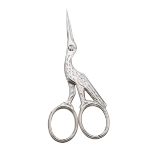 Nickel-plated Stork scissors, body of scissor has image of stork with pointed blades and loop handles.