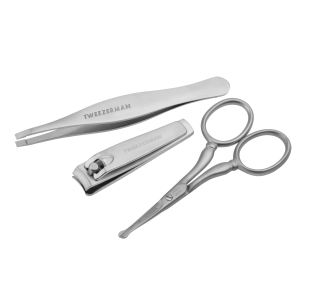 Stainless Steel Flat tip Tweezer, nail clipper, and rounded scissors