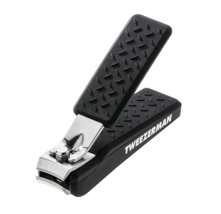 Precision Grip Fingernail Clipper with curved blades and textured black handle. Lever of clipper is lifted up