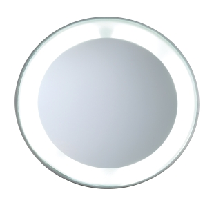 LED lighted 15x mini mirror with lighted area on outer perimeter of mirror, light is illuminated