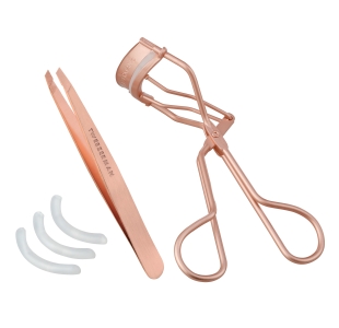 Rose Gold Slant Tweezer and Eyelash Curler with 3 replacement pads