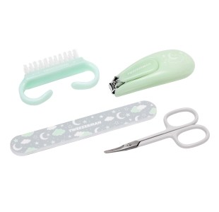 Green baby Nail Brush, Nail clipper, Gray and green Cloud and Moon Nail file, and White Stainless Steel Nail Scissor