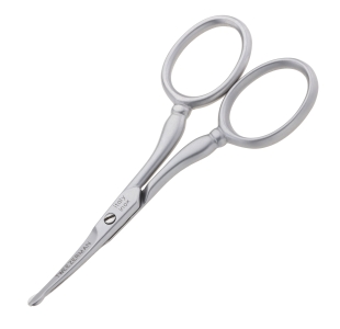 Stainless steel facial hair scissors with rounded tip blade and finger loop handles
Written on tool in dark grey is "Tweezerrman Italy in ox"
