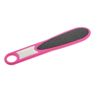 Step-Two-It Foot File, long oval body with pink color finish. Centered is black grit file, with coarse and fine side. Bottom has circular opening to use as hang hook