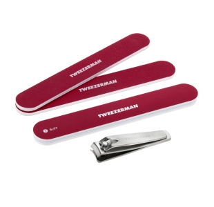 Red nail file and buff and stainless steel fingernail clipper