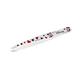 Disney's Mickey Mouse and Minnie Mouse Slant tweezer with white background and black Mickey mouse heads and red hearts
