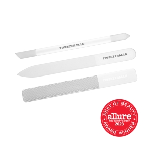 Glass nail file one end is pointed and one end is rounded. Glass cuticle pushy one end is angled and one end is pointed. Glass nail buffer one end is smooth glass and one end has textured grit
All items are glass with grey and white coloring with Tweezer