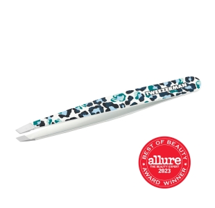 Allure Best of Beauty Award winner Stainless steel slant tweezer in white with blue leopard print