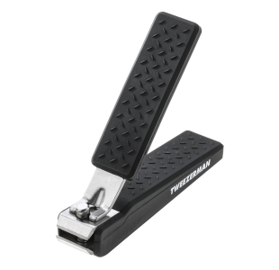 Precision Grip Toenail Clipper with straight blades and textured black handle. Lever of clipper is lifted up