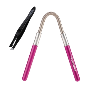 Smooth finish facial hair remover, stainless steel coil spring with pink color handles. Black colored tweezerette with angled tips and textured body grip