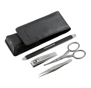 Black carry case with Dual ended stainless steel nail tool, stainless steel nail clipper, scissors, and point tweezerette