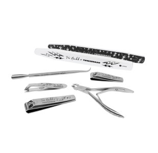 The 2022 Tom Kit includes Stainless Steel Fingernail Clipper, Stainless Steel Toenail Clipper, Stainless Steel Pushy & Nail Cleaner, 
Stainless Steel Rockhard Cuticle Nipper, Mini Cuticle Nipper, Dual sided nail file and Nail Buffer