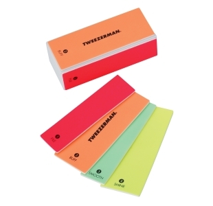 Neon block with multiple surface sides. 1  is red color "file" 2 is orange color "buff" 3  is green color "smooth" 4 is bright green color "shine"