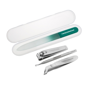 Green faded glass nail file with case. Mini  stainless steel cuticle nipper and pushy. Stainless steel fingernail clipper. 
