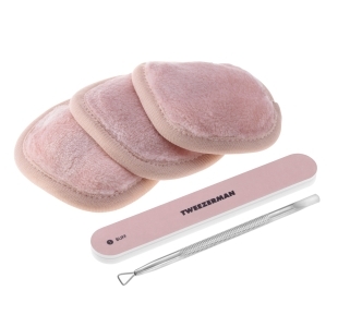3 reusable pink polish removal pads, 1 pink Nail Buffer, and 1 stainless steel dual ended Polish Removal Pushy