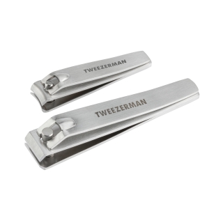 Stainless steel fingernail clipper next to stainless steel toenail clipper