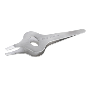 Wide Grip Slant Classic Tweezer. Stainless steel finish, middle of tweezer body has wide grip oval shape with opening for fingers. Stainless steel slanted tips.