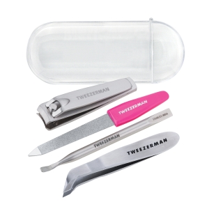 Stainless Steel Finger nail clipper, pink nail file, stainless steel mini pushy and nail cleaner, mini cuticle nipper with case