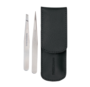 Stainless Steel Petite Slant Tweezer and Petite Point Tweezer next to black storage case on white background.