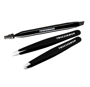 Mini Dual ended Brow Brush and spoolie with black point tweezer and black slant tweezer